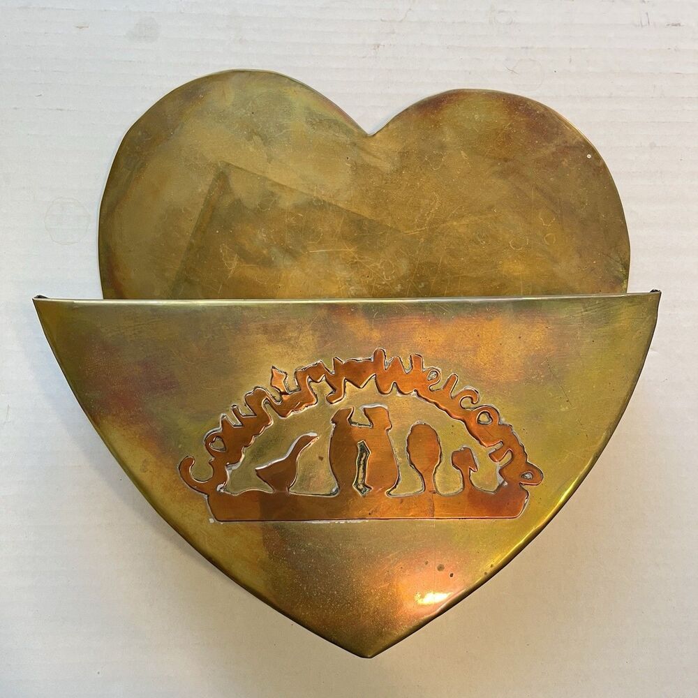 Vintage Brass Wall Pocket Vase | Large 12x11 Inches Planter " Country Welcome"